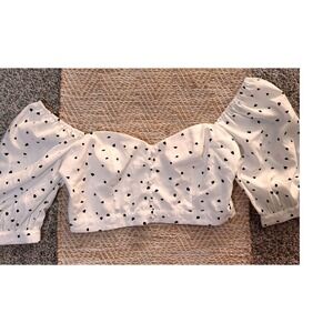 re:named White Heart Print Puff Sleeve Crop Top Sweetheart Neckline Small